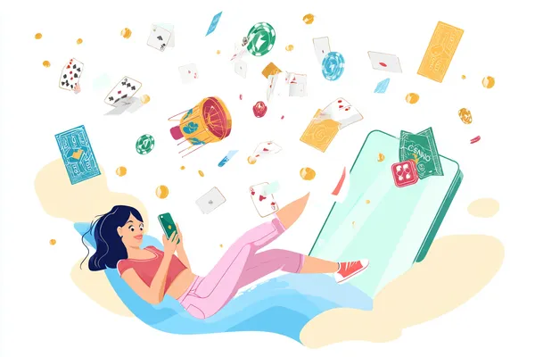 A young woman relaxing with her phone while dynamic casino elements float around her, illustrating the smooth mobile experience offered by the 10WIN app.