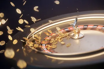 A close-up shot of golden coins falling around a spinning roulette wheel, representing immersive casino action at 10WIN.